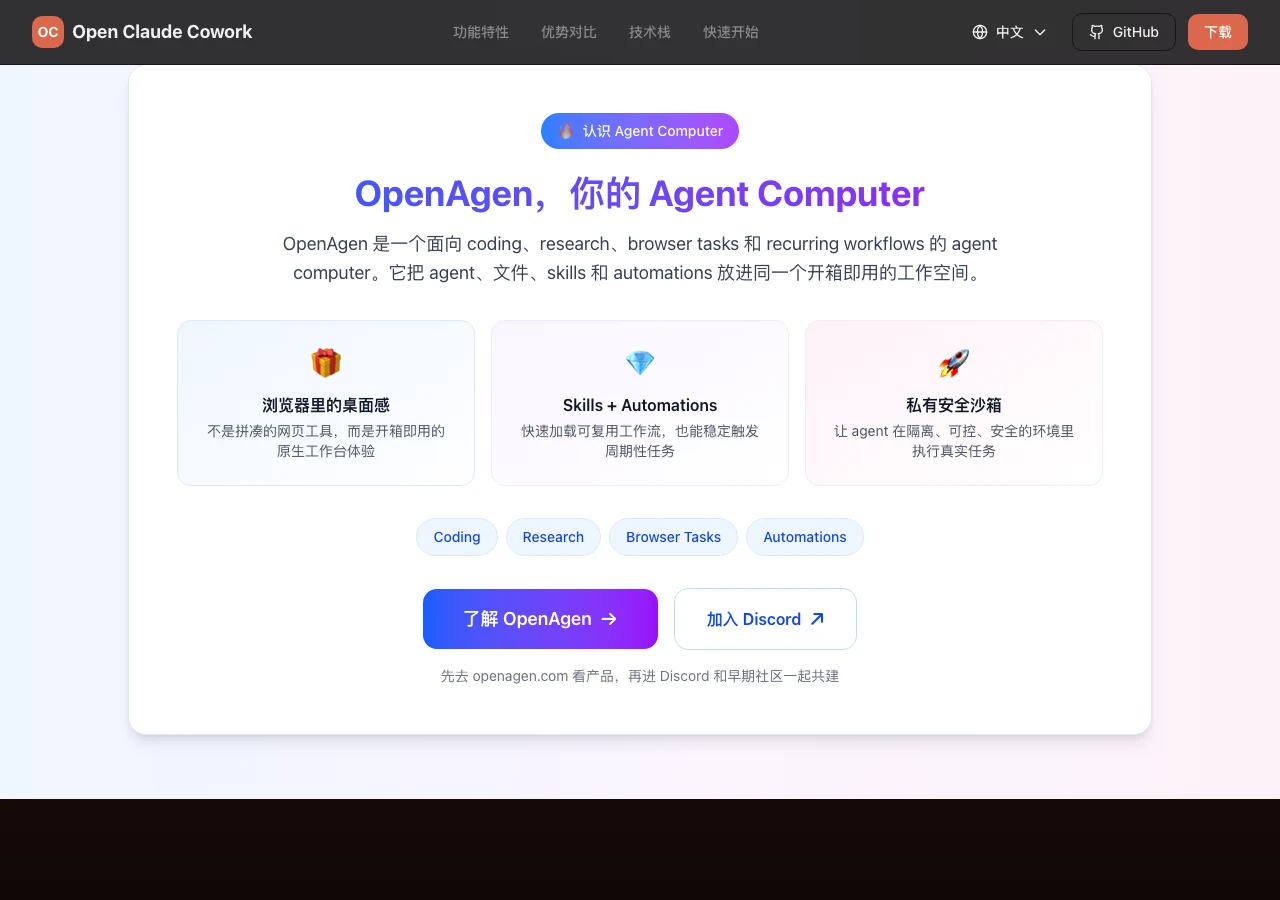 Open Claude Cowork 官方網站 openclaudecowork.com 中文版首頁，頂部 hero 區已改推新產品 OpenAgen，OCC 介紹退居頁面下半部。