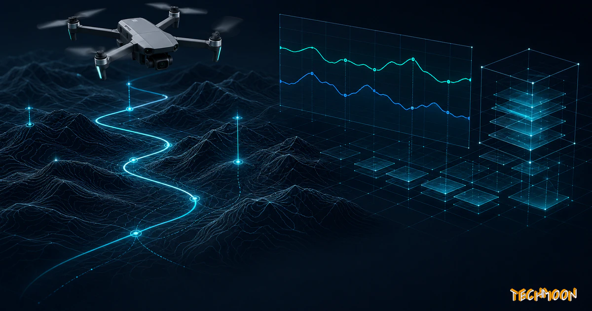 TechMoon 精選圖｜Open DroneLog DJI 飛行日誌分析器，以空拍機航跡、3D 地形與電壓高度遙測曲線呈現本地資料分析