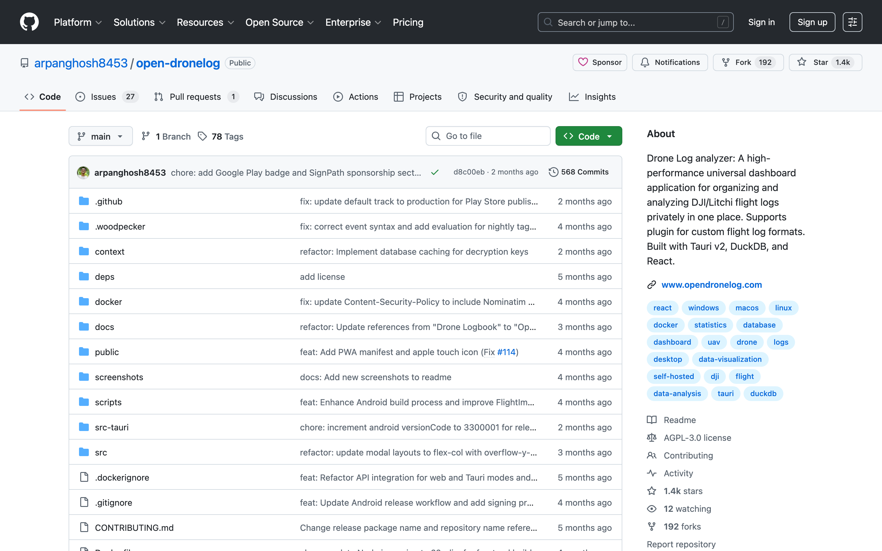 Open DroneLog 的 GitHub 專案頁,顯示 1449 顆星與 Tauri v2 加 DuckDB 的技術棧