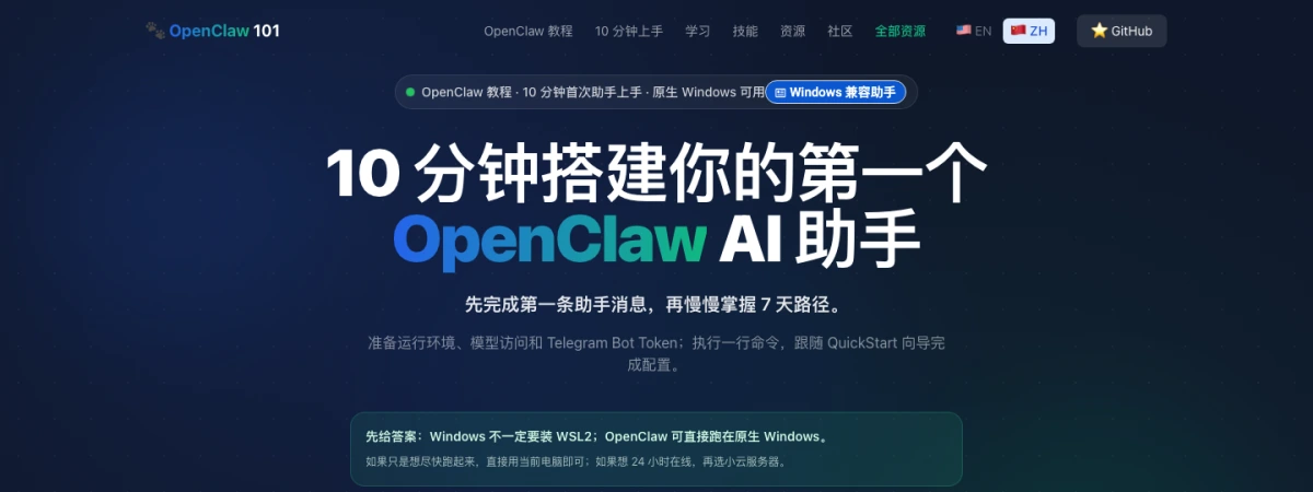 OpenClaw 101:480 篇教學收成 7 天路徑的第三方聚合站,來路不明的 Skill 是它的資安暗礁 2 OpenClaw 101 教學聚合站首頁,顯示 10 分鐘上手、7 天學習路徑與 480 篇教學收錄