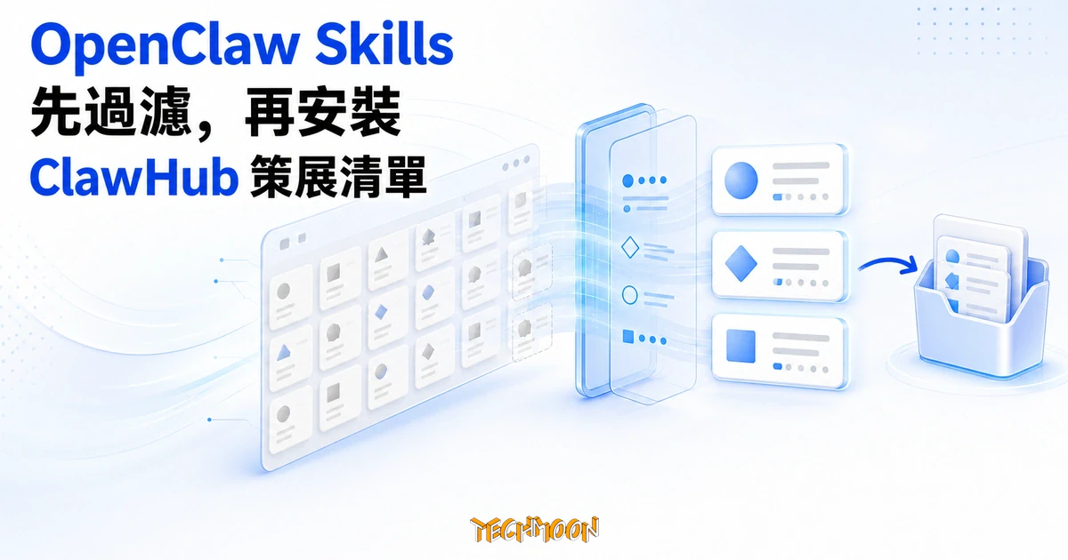 TechMoon 精選圖｜OpenClaw Skills 技能清單經過 ClawHub registry 策展過濾後再挑選安裝