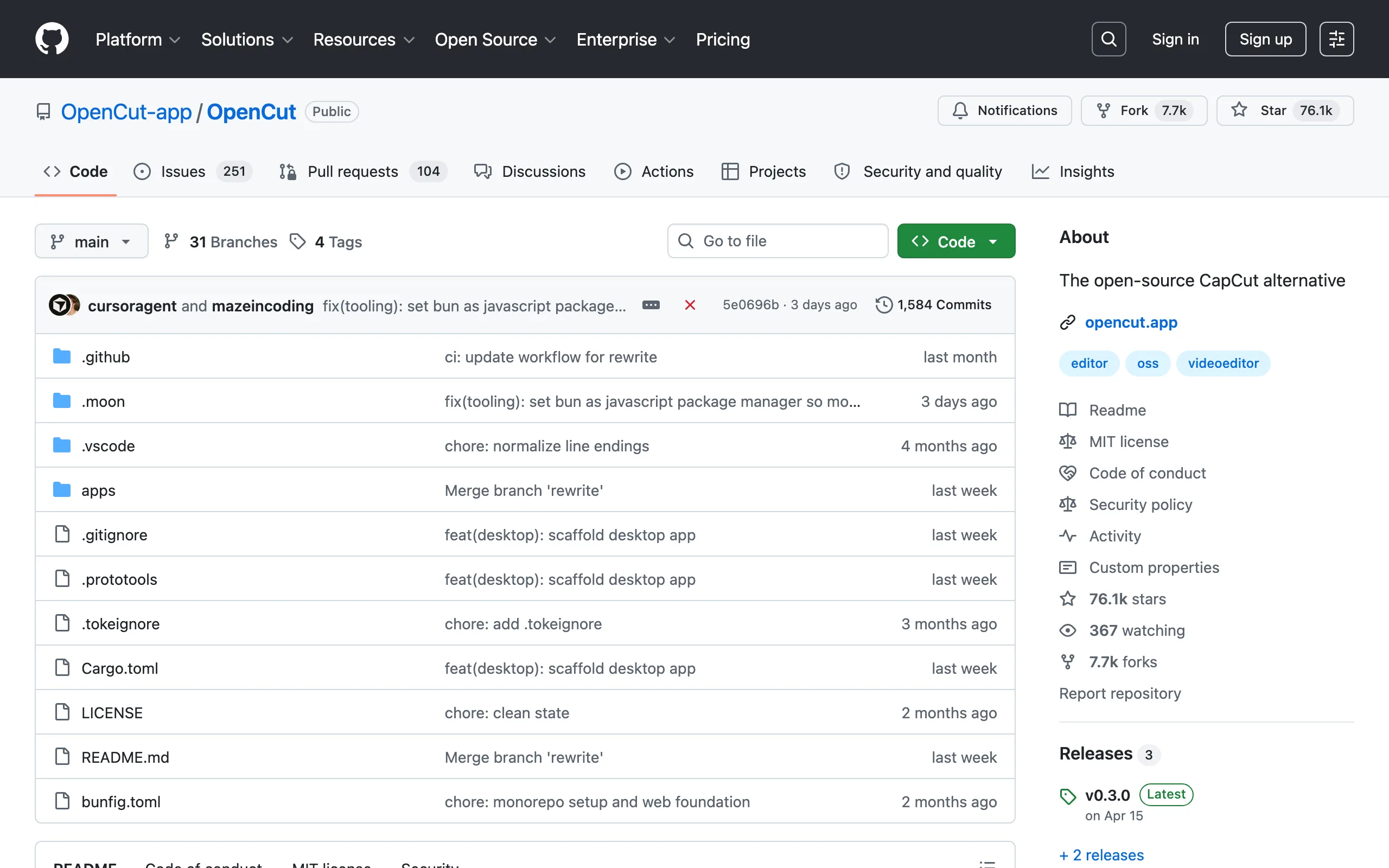 OpenCut 開源影片剪輯器:在瀏覽器就能剪片的免費 CapCut 替代 3 OpenCut 主倉庫 GitHub 頁面,顯示 7.6 萬顆星與 MIT 授權