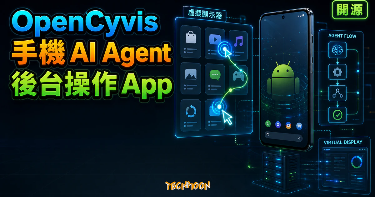 OpenCyvis 開源 Android AI 手機 Agent 精選圖片，呈現後台虛擬顯示器操作 App 與 Agent Flow