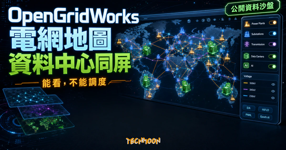OpenGridWorks 電網與 AI 資料中心互動地圖精選圖片，呈現發電廠、變電站、輸電線與資料中心圖層