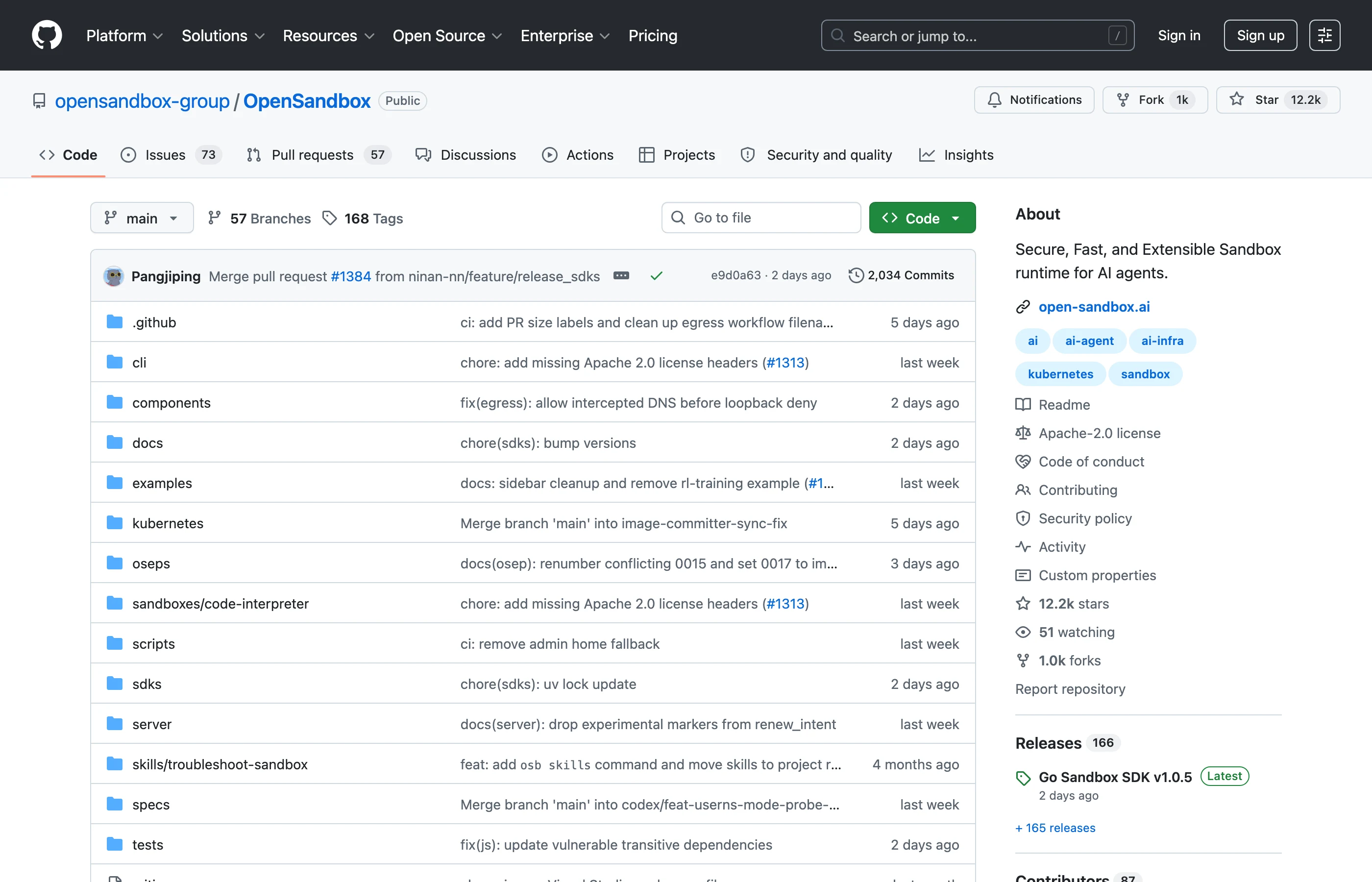 OpenSandbox 開源 AI 沙箱:為 Agent 自架可控執行環境 3 OpenSandbox GitHub 倉庫 opensandbox-group/OpenSandbox 首頁,可見 CNCF Landscape 與 OpenSSF Best Practices 徽章與 12000 顆以上星標