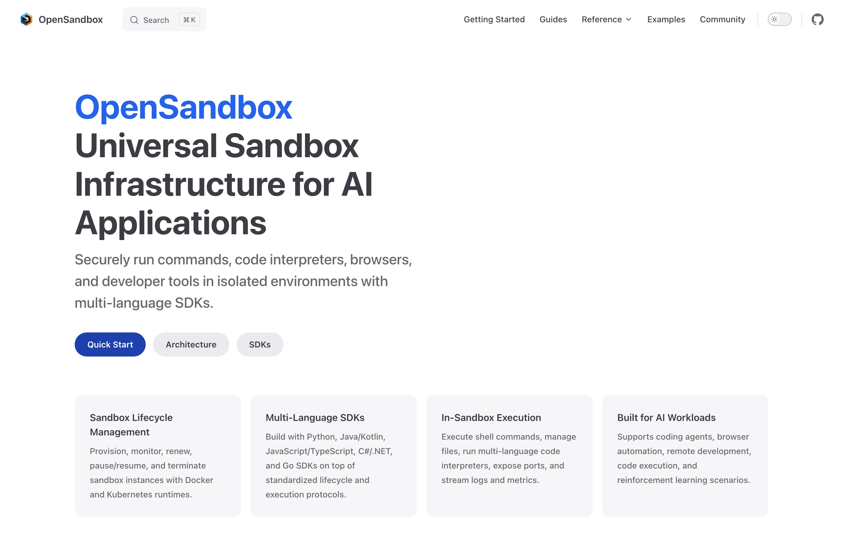 OpenSandbox 開源 AI 沙箱:為 Agent 自架可控執行環境 2 OpenSandbox 官方網站首頁,定位為 Universal Sandbox Infrastructure for AI Applications