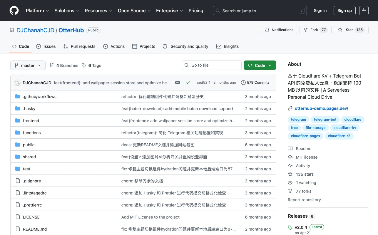 OtterHub 開源 Serverless 私人雲端:用 Cloudflare 加 Telegram 拼出的檔案存儲,能當 Google Drive 嗎 2 OtterHub GitHub 專案頁面,顯示 MIT 授權、TypeScript 語言與 135 星標