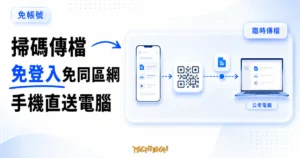 TechMoon 精選圖｜PrintRelay 免登入掃碼傳檔精選圖，明亮編輯風格呈現手機掃 QR Code 將檔案中繼傳送到公用電腦的流程