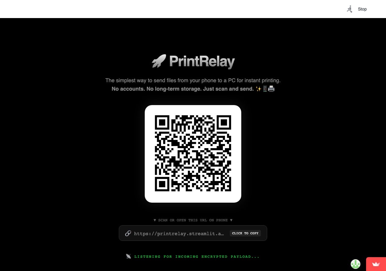 PrintRelay 電腦端接收頁，畫面顯示 QR Code 與 LISTENING ENCRYPTED PAYLOAD 等待訊息