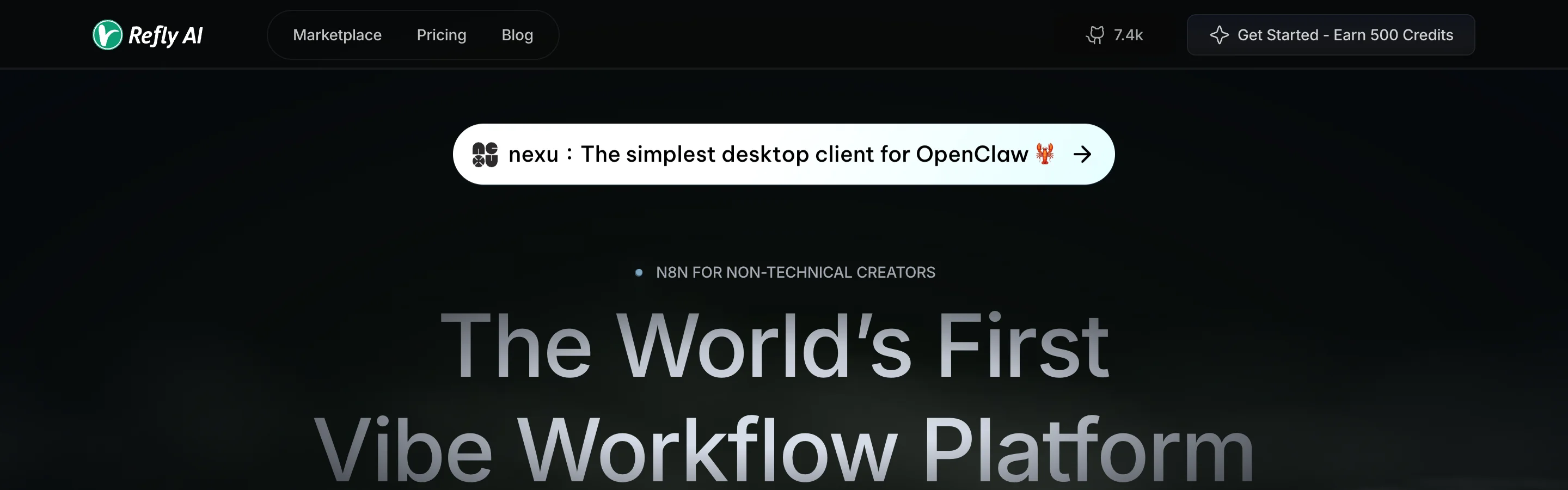refly.ai 官方首頁截圖，顯示 The World's First Vibe Workflow Platform 標語與產品視覺