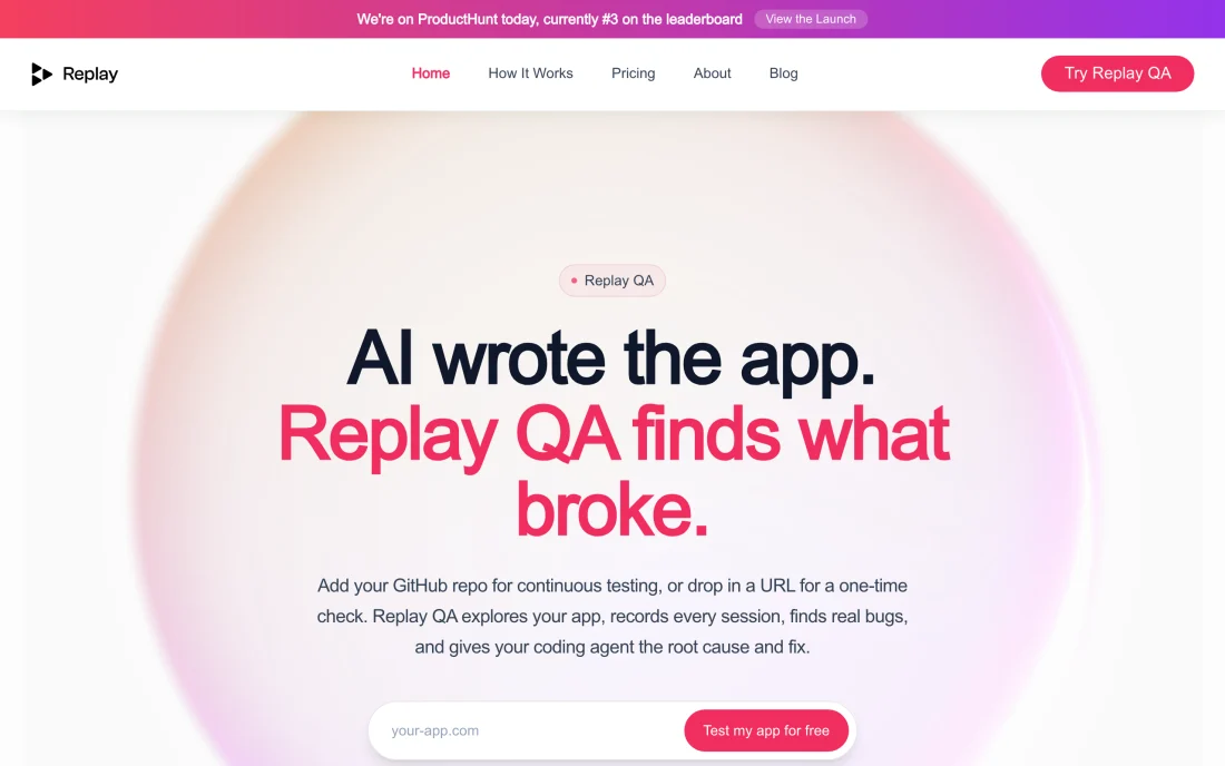 Replay QA:輸入網址就讓 AI 自動測試網站找 Bug 2 Replay 官方網站首頁,展示 AI 網站測試與錯誤偵測功能