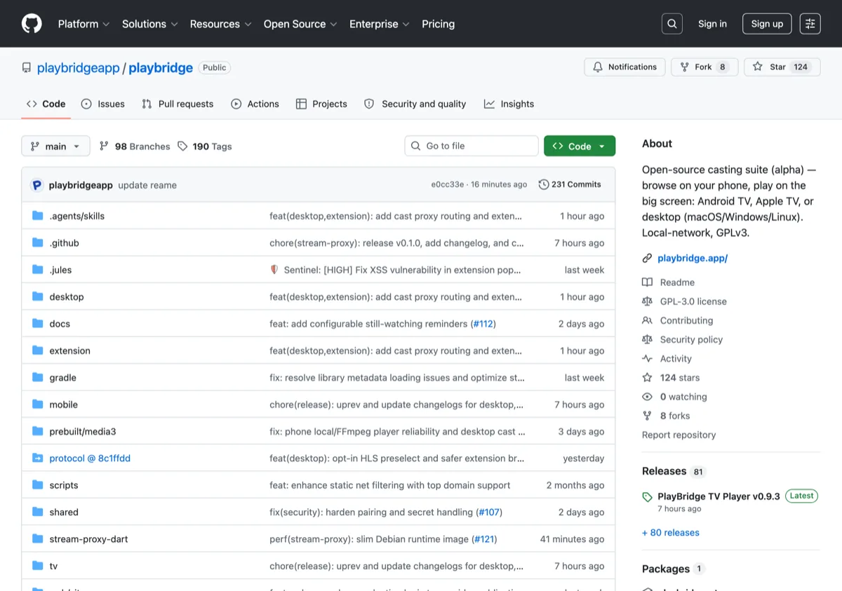 PlayBridge 開源本地投屏:區網直連,免帳號免雲端 3 PlayBridge GitHub 專案頁,顯示 alpha 狀態、GPLv3 授權與 Kotlin 語言標籤