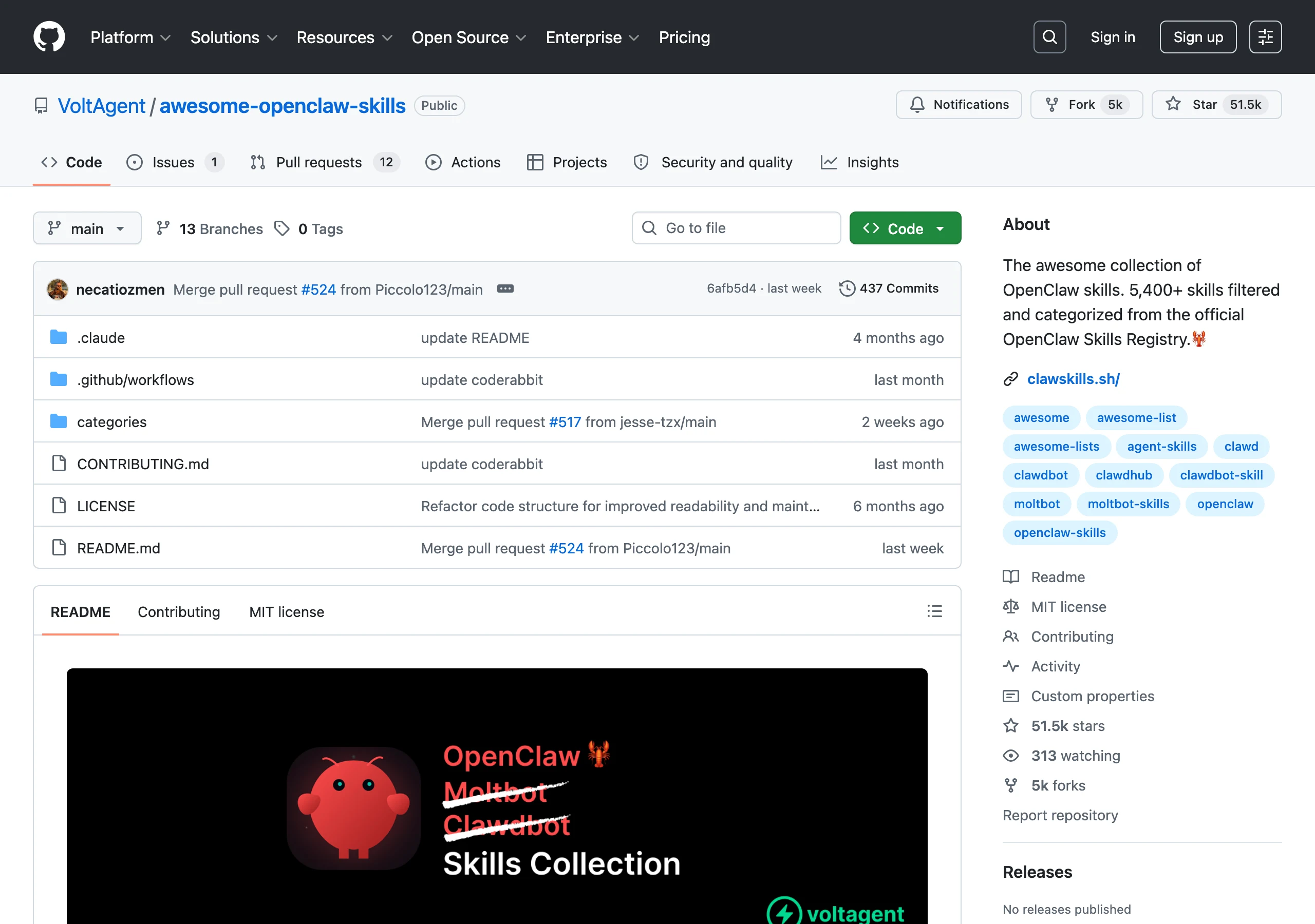 OpenClaw Skills:5300+ 社群技能策展清單,從 ClawHub 過濾到本機安裝 2 VoltAgent awesome-openclaw-skills GitHub 倉庫頁面,顯示 5 萬 1 千多顆星、5400+ skills 描述與 MIT 授權