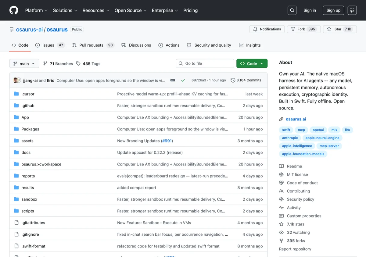 Osaurus GitHub 專案頁，顯示 7100 多顆星、MIT 授權、Swift 語言標籤與 Apple Foundation Models、MCP 等主題標籤
