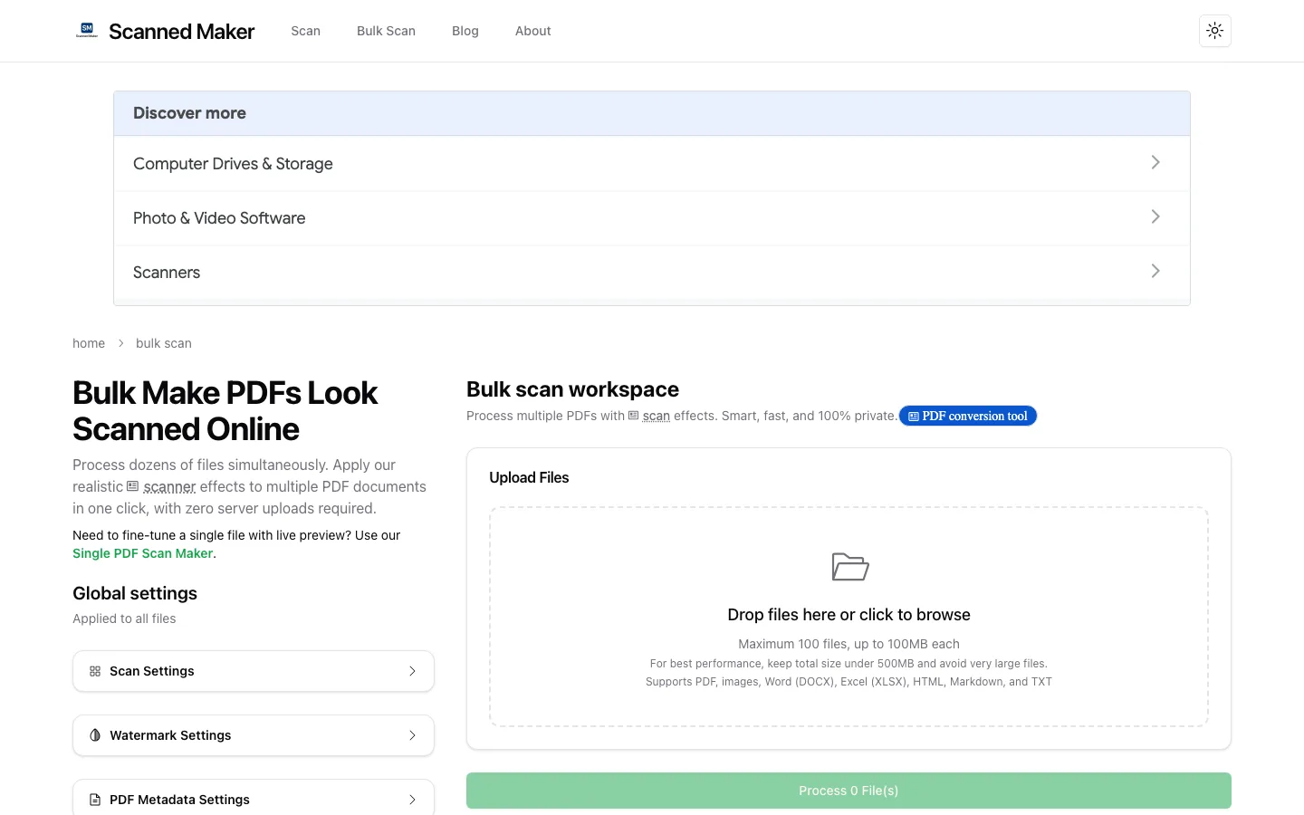 Scanned Maker:把 PDF 做出掃描效果的瀏覽器工具,檔案不上雲但要誠實看它的邊界 4 Scanned Maker Bulk Scan 批次處理頁面,最多 100 個檔案單檔 100MB