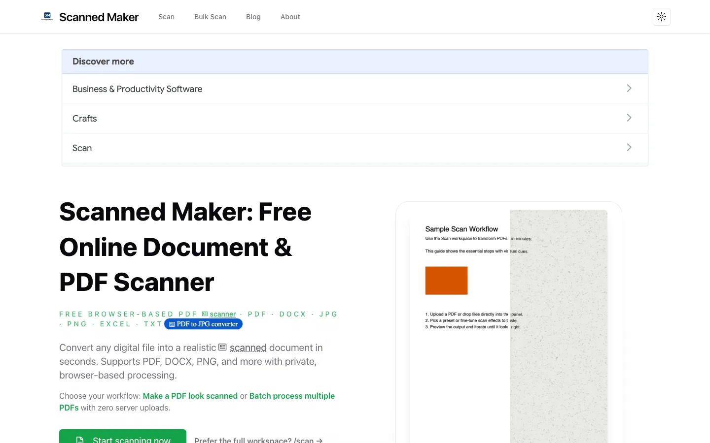 Scanned Maker:把 PDF 做出掃描效果的瀏覽器工具,檔案不上雲但要誠實看它的邊界 2 Scanned Maker 官網首頁,標榜瀏覽器本機處理的 PDF 掃描效果工具
