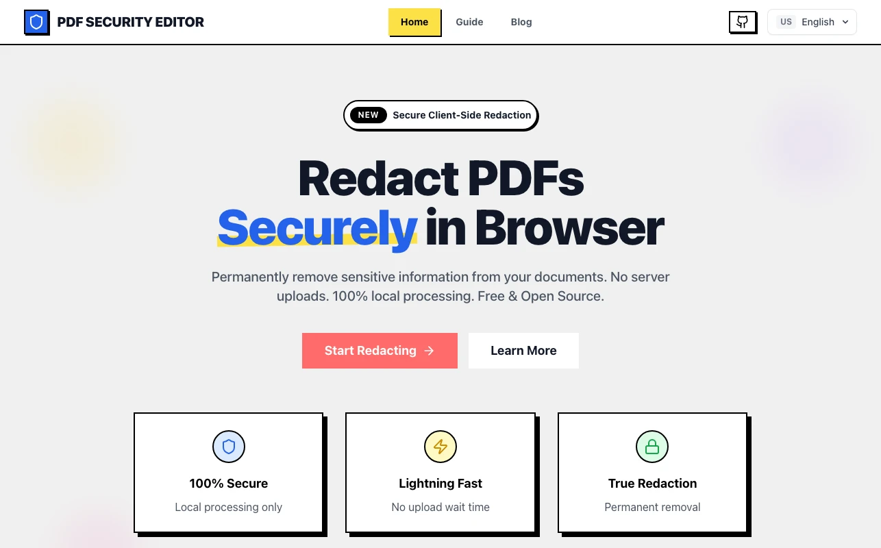 Secure PDF Editor 官方示範站首頁，標題寫著 Redact PDFs Securely in Browser 與 100% local processing 主張。