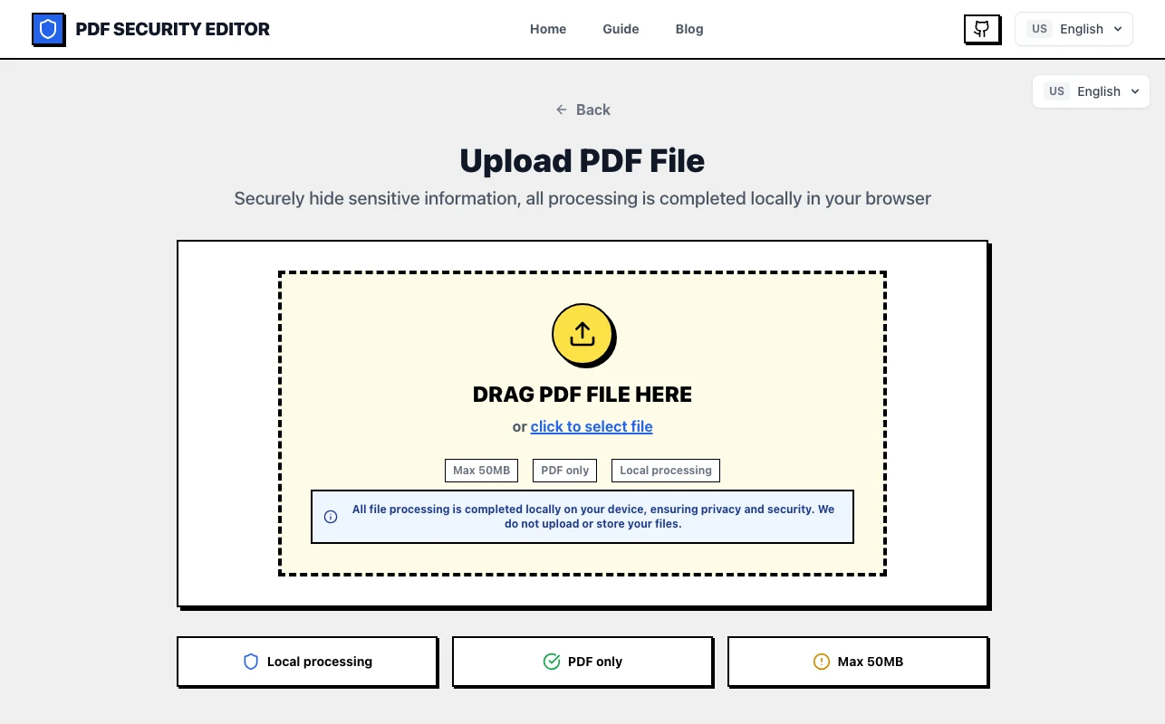 Secure PDF Editor 點下 Start Redacting 之後的拖檔上傳介面，中央有拖放區與選擇檔案按鈕。