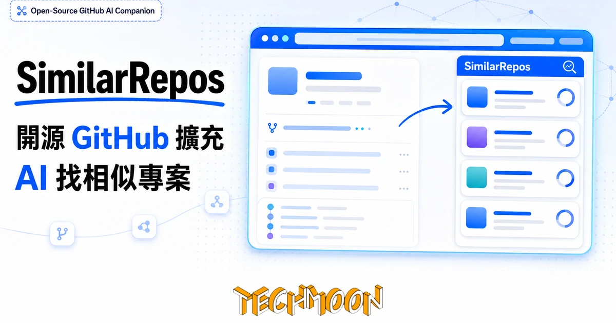 SimilarRepos 開源 GitHub 擴充:用 AI 找相似專案與替代品 5 TechMoon 精選圖|SimilarRepos 開源瀏覽器擴充封面,打開任何公開 GitHub 專案時自動在側邊欄用 AI 推薦相似與替代專案,用於開源選型與競品盤點