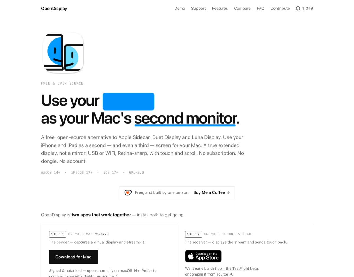 OpenDisplay 官方網站首頁，主打把 iPhone 與 iPad 變成 Mac 第二螢幕