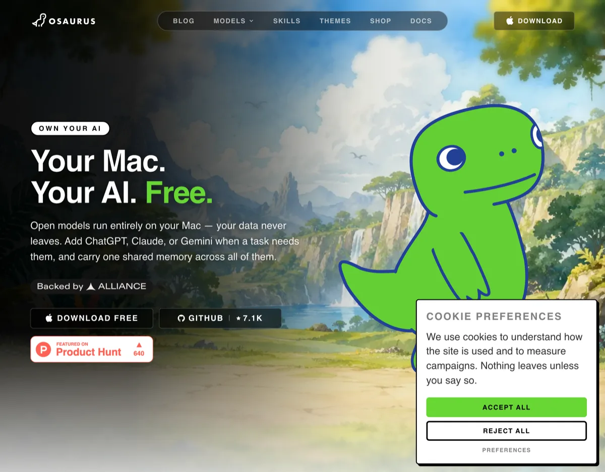 Osaurus 官方網站首頁，主打 Own your AI 與資料不離開 Mac、無遙測等訴求