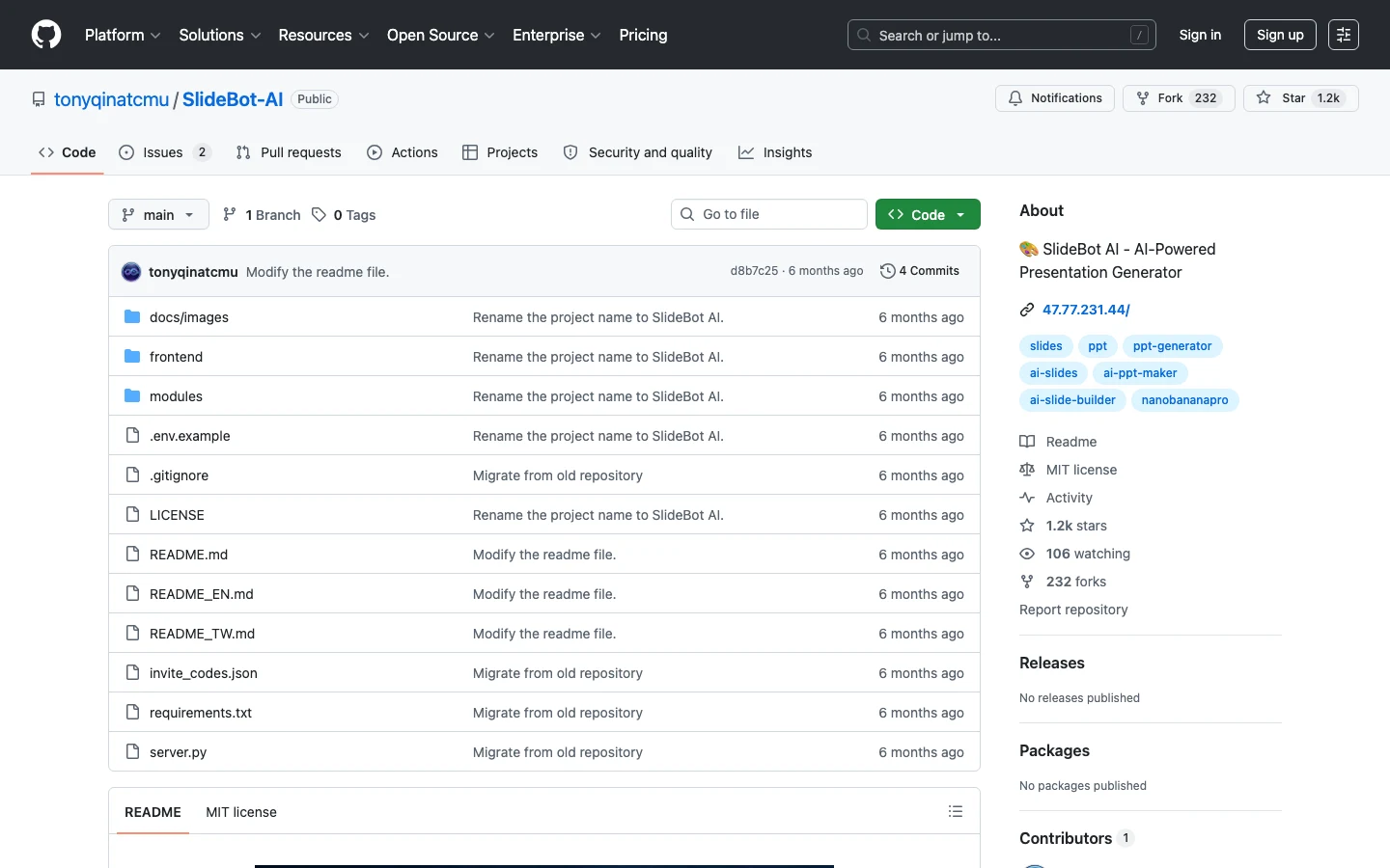 SlideBot AI 的 GitHub 專案頁 tonyqinatcmu/SlideBot-AI，顯示 MIT 授權、JavaScript 語言標籤與 1215 stars