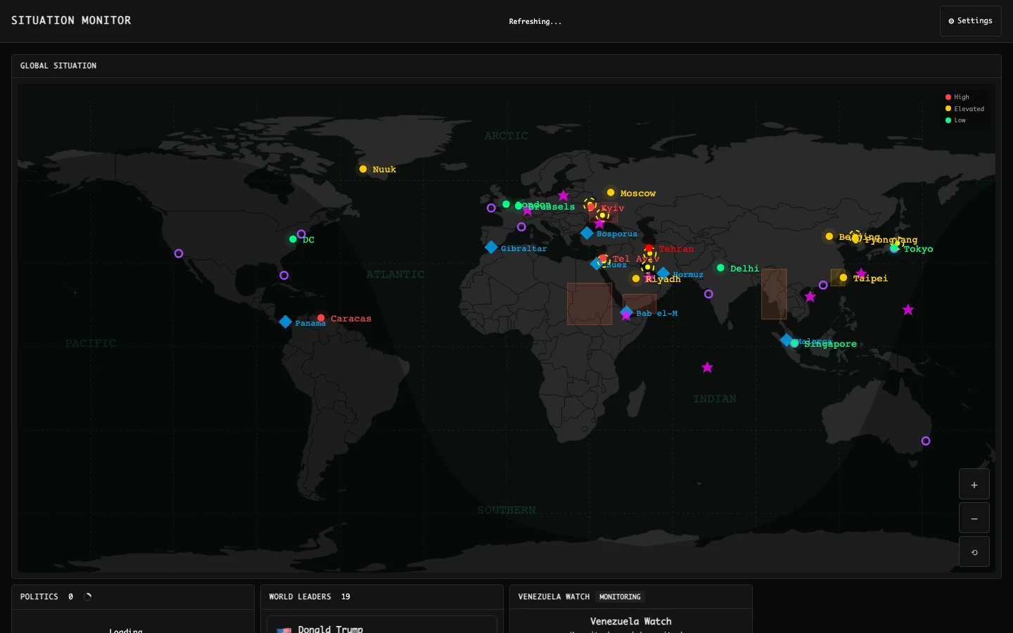 TechMoon 精選圖｜Situation Monitor 的 Everything 預設主畫面：上方為 GLOBAL SITUATION MONITOR 橫幅與世界地圖，地圖以紅黃綠三色標記城市風險等級，下方為 POLITICS、WORLD LEADERS、VENEZUELA WATCH 三個面板。