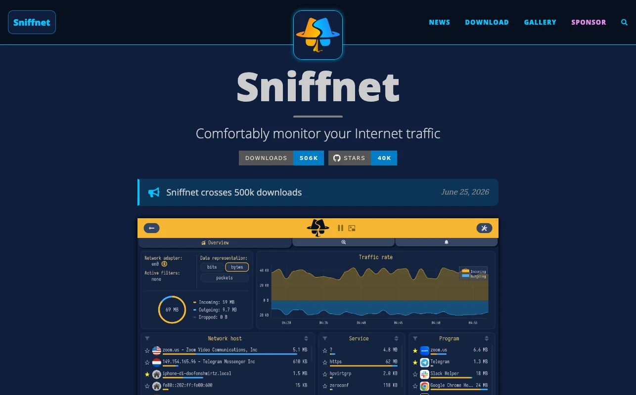 TechMoon 精選圖｜Sniffnet 官方網站 sniffnet.app 首頁