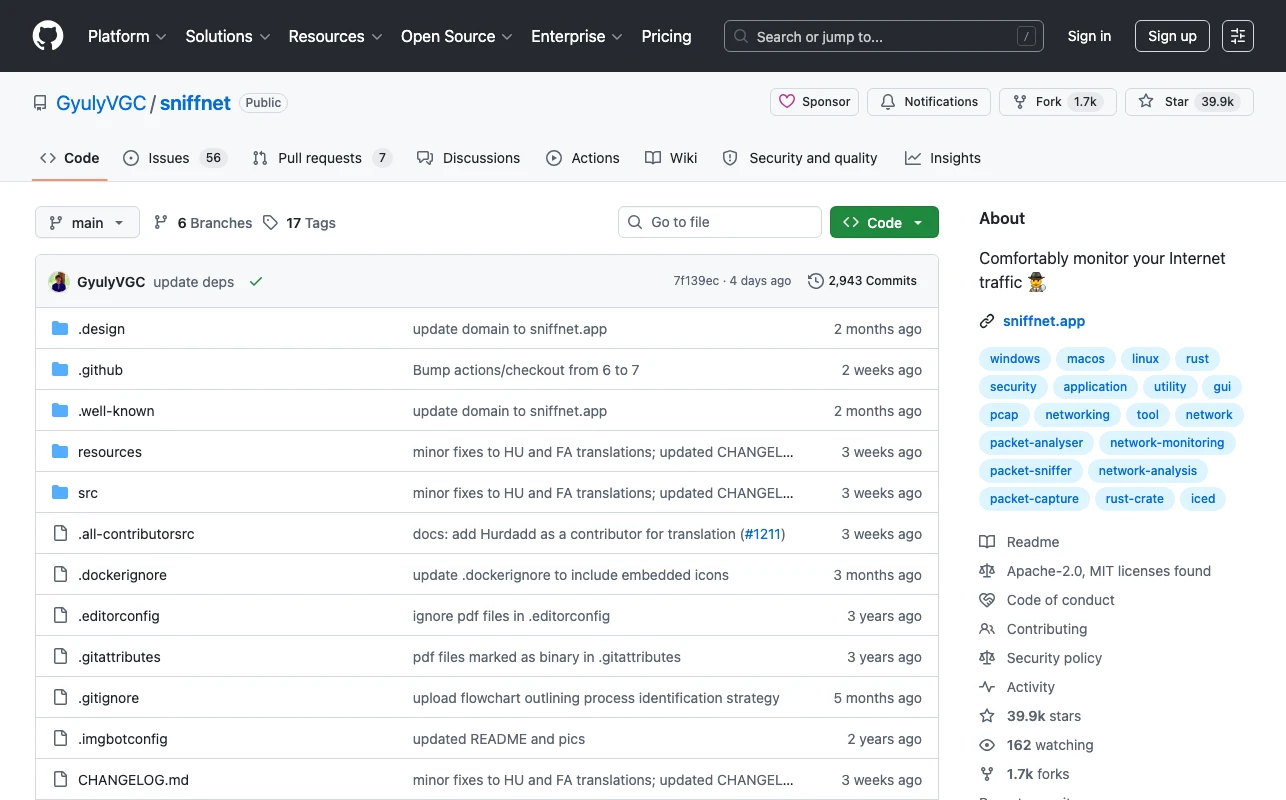 TechMoon 精選圖｜Sniffnet 開源網路流量監控工具 GitHub 專案頁
