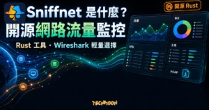 TechMoon 精選圖｜Sniffnet 開源 Rust 網路流量監控工具，呈現封包流向、主機清單與協定分類的視覺化面板