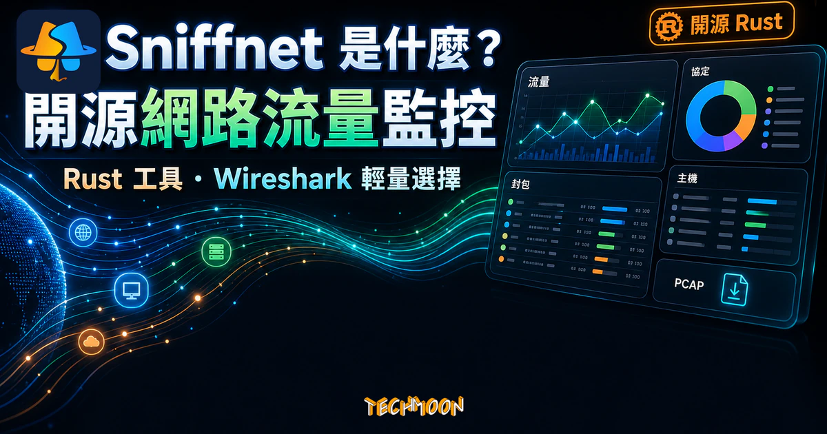 TechMoon 精選圖｜Sniffnet 開源 Rust 網路流量監控工具，呈現封包流向、主機清單與協定分類的視覺化面板
