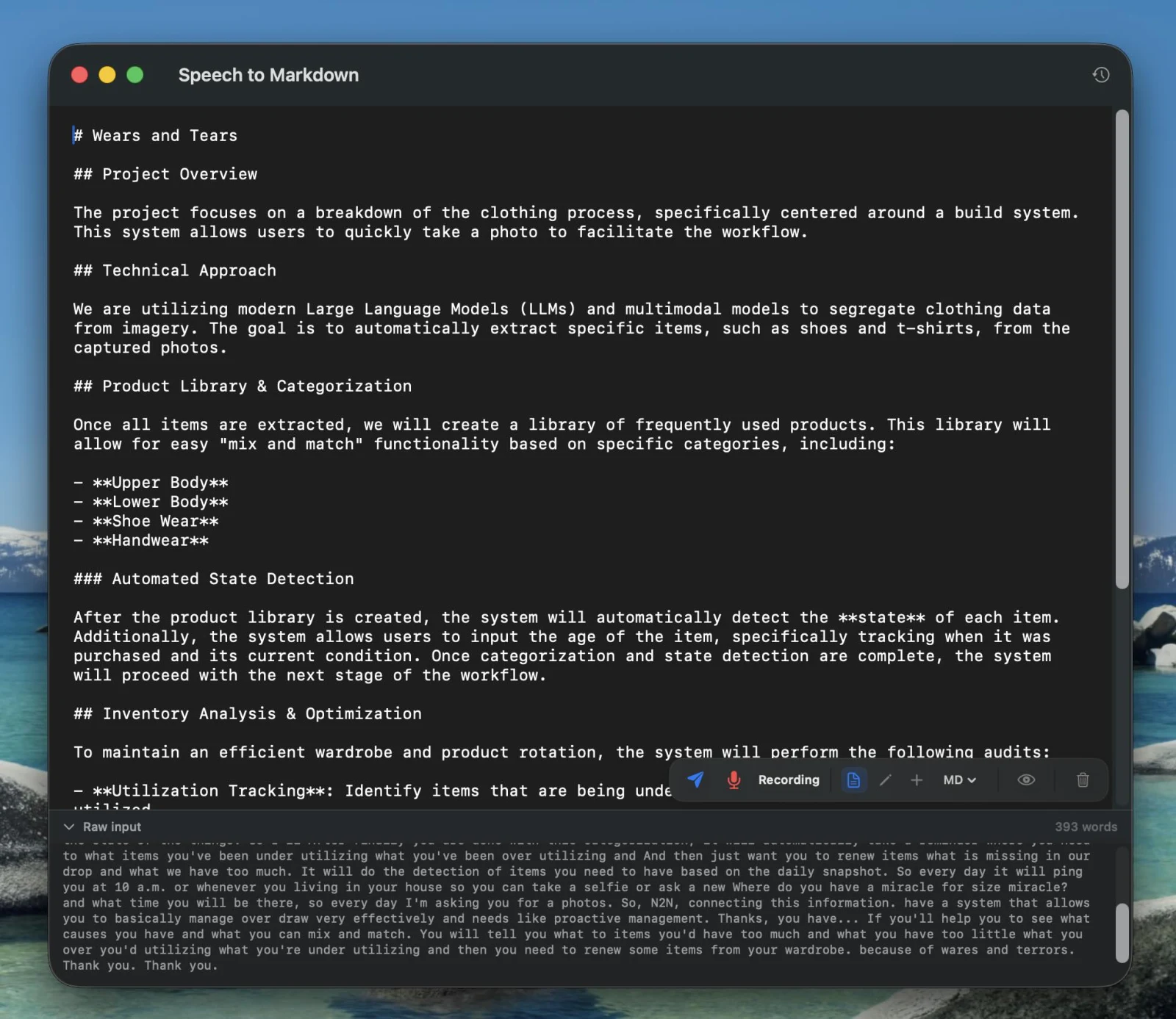 Speech-to-Markdown 在 macOS 上的 Agent Mode 介面，左側為語音結構化後的 Markdown 文件，下方為原始逐字稿