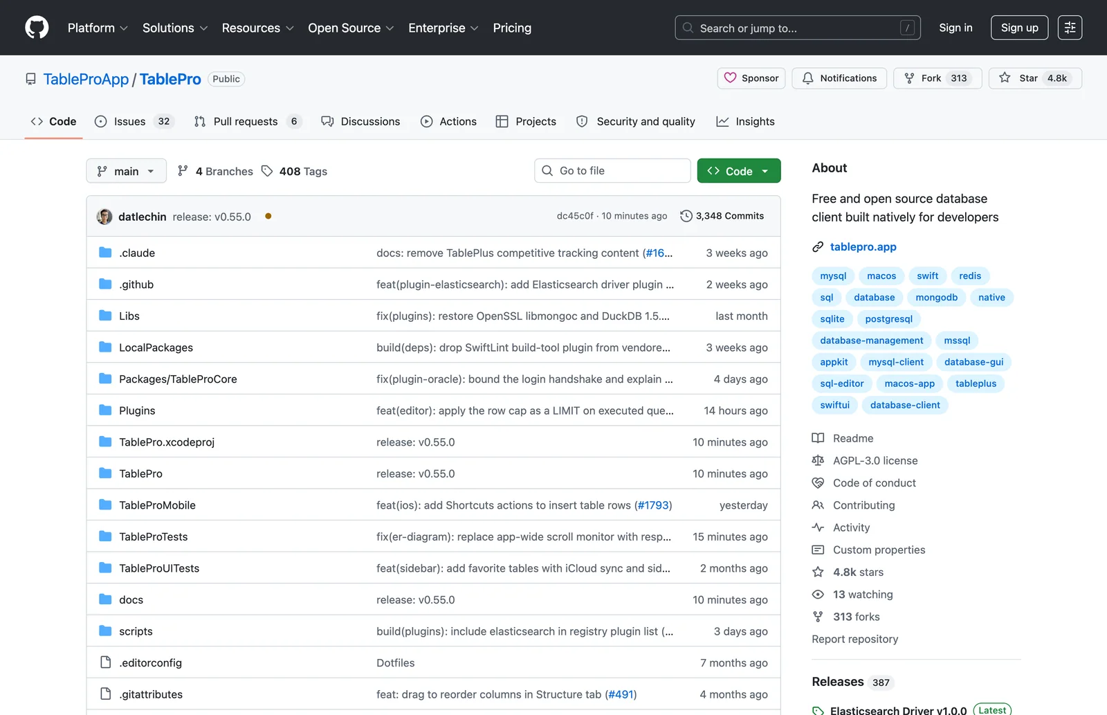 TablePro:原生 Mac 資料庫客戶端,免費開源還把 AI SQL 做進來 2 TablePro 的 GitHub 專案頁面,顯示原生 Mac 資料庫客戶端描述、星星數、AGPL-3.0 授權與 Swift 標籤