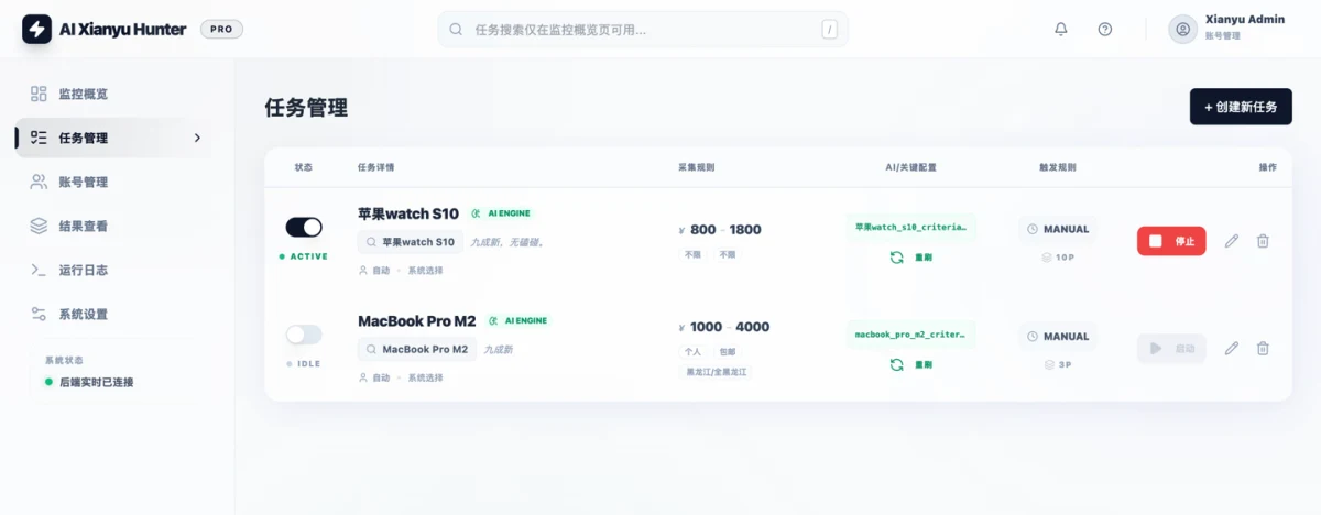 ai-goofish-monitor 任務管理頁面，可設定關鍵字、價格區間、AI 判斷條件與省市区區域篩選（官方 README 截圖）。