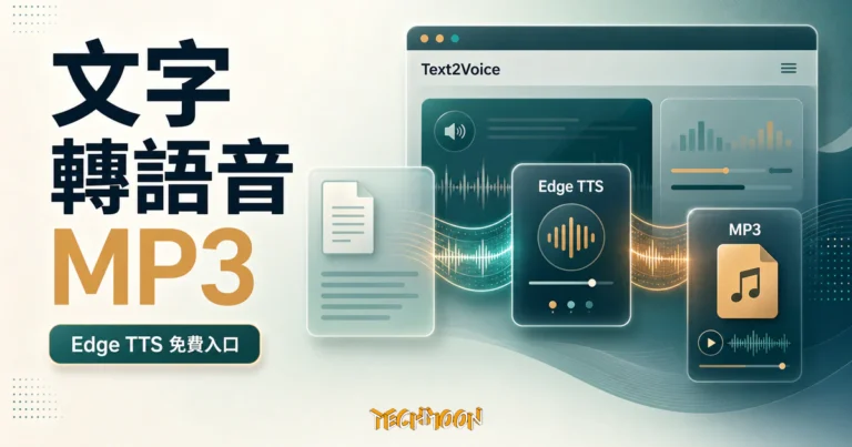 Text2Voice 免費線上文字轉語音工具:Edge TTS 網頁入口與六大 TTS 方案對比 1 TechMoon 精選圖|Text2Voice 文字轉語音 Edge TTS 免費入口,呈現文字轉語音 MP3、聲波橋接與玻璃質感工具介面