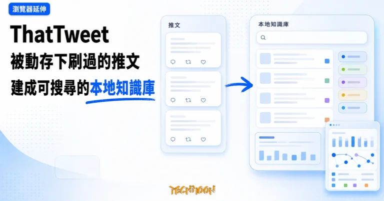 TechMoon 精選圖｜ThatTweet 瀏覽器延伸以亮白電藍 editorial UI 呈現推文時間軸被自動收集成本地可搜尋知識庫的工作流，未出現 X 或 Twitter 官方標誌、價格、日期或星數。