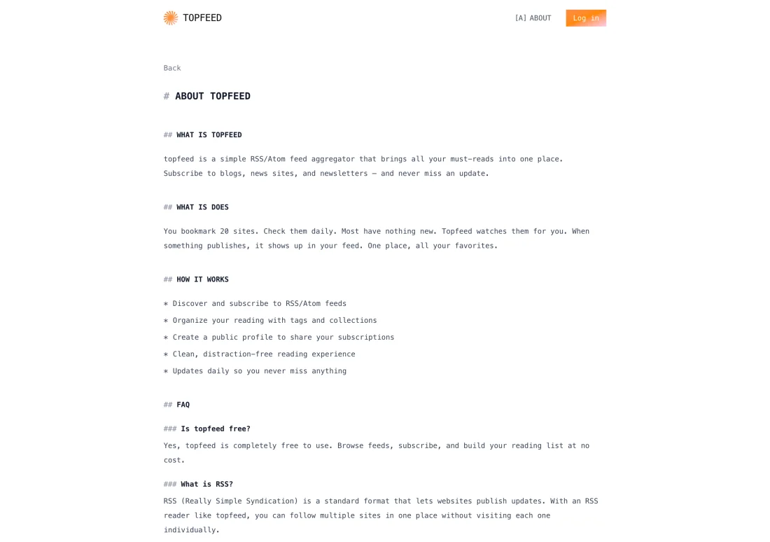 Topfeed:把你想訂閱的 RSS 與 Newsletter 收進一個收件箱 3 Topfeed 關於頁面,說明 RSS 聚合器的定位與常見問題