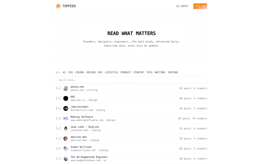 Topfeed:把你想訂閱的 RSS 與 Newsletter 收進一個收件箱 2 Topfeed 官網首頁,展示 RSS 聚合與訂閱收件箱介面