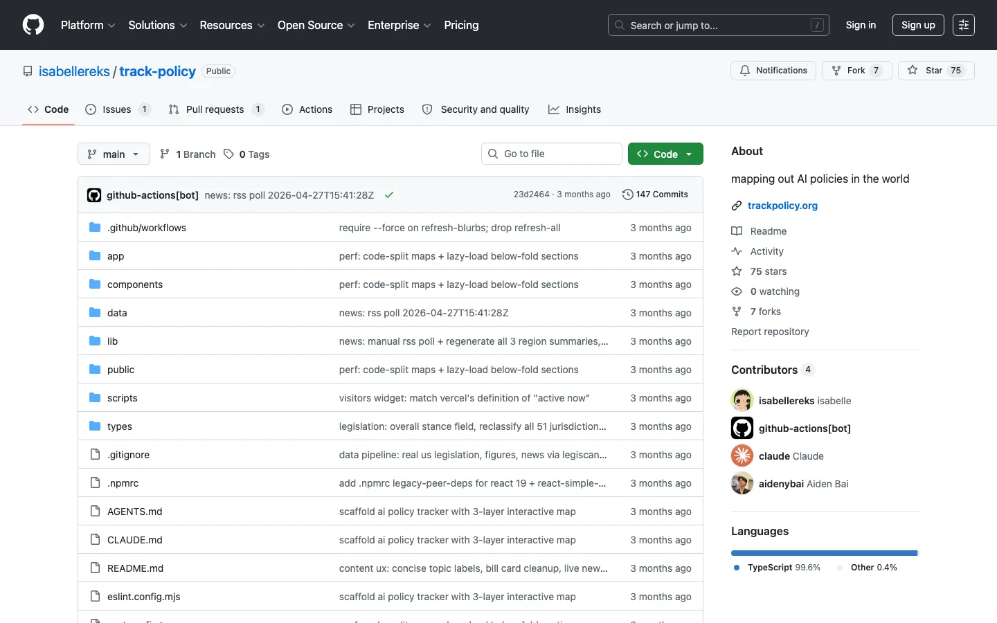 Track Policy:把 AI 法案與資料中心畫進一張地圖的政策追蹤工具 4 Track Policy GitHub 原始碼儲存庫