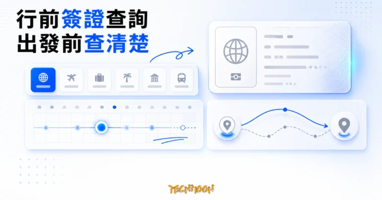TechMoon 精選圖｜行前簽證查詢工具整合護照、目的地分類、申根天數試算與過境查詢的抽象儀表板