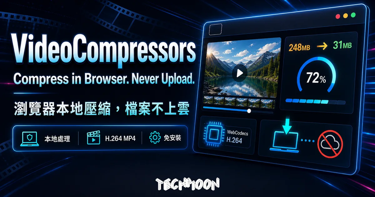TechMoon 精選圖｜VideoCompressors 免費瀏覽器本地影片壓縮工具，檔案不上雲、WebCodecs 即時壓縮為 H.264 MP4