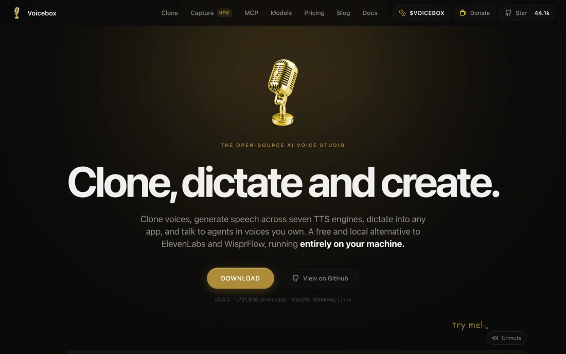 Voicebox:在自己電腦上跑的開源 AI 語音工作室 3 Voicebox 官方網站首頁,展示語音工作室介面與下載入口