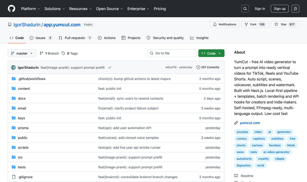 IgorShadurin/app.yumcut.com 在 GitHub 的專案頁，顯示約 817 顆星、PolyForm 非商業授權與 Next.js 標籤
