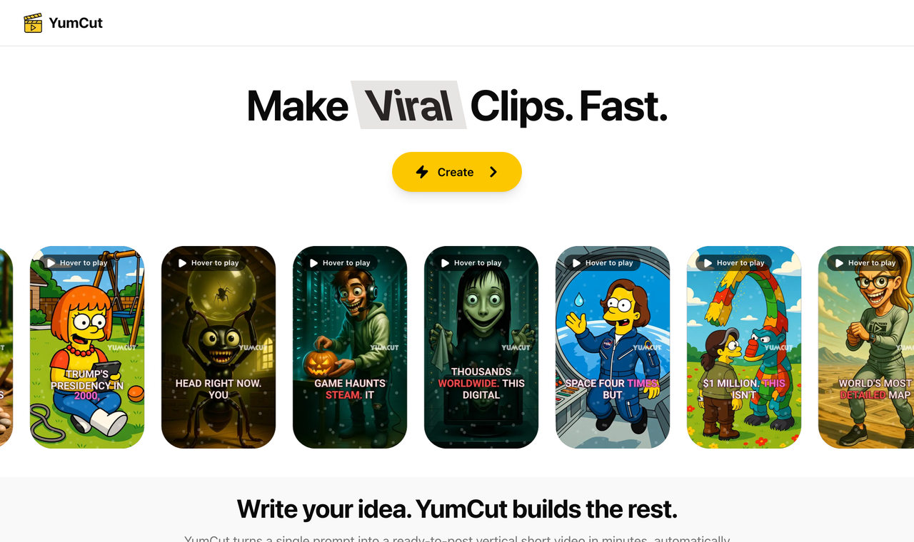 YumCut 官網 yumcut.com 首頁，呈現 prompt 轉豎屏短影片的 AI 工作流定位