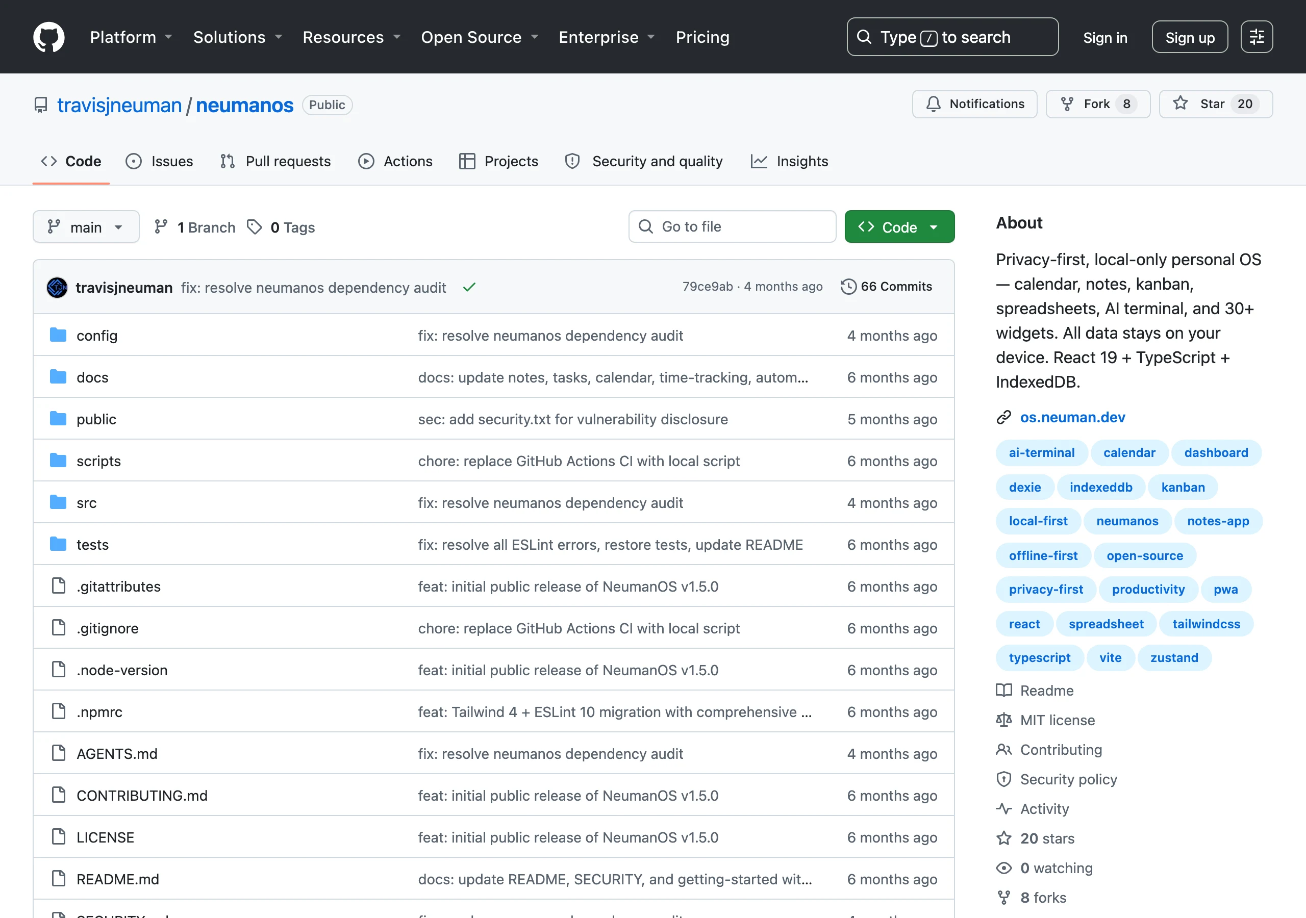 NeumanOS 官方 GitHub 倉庫頁面，顯示 MIT 授權、React 19 技術棧與專案描述