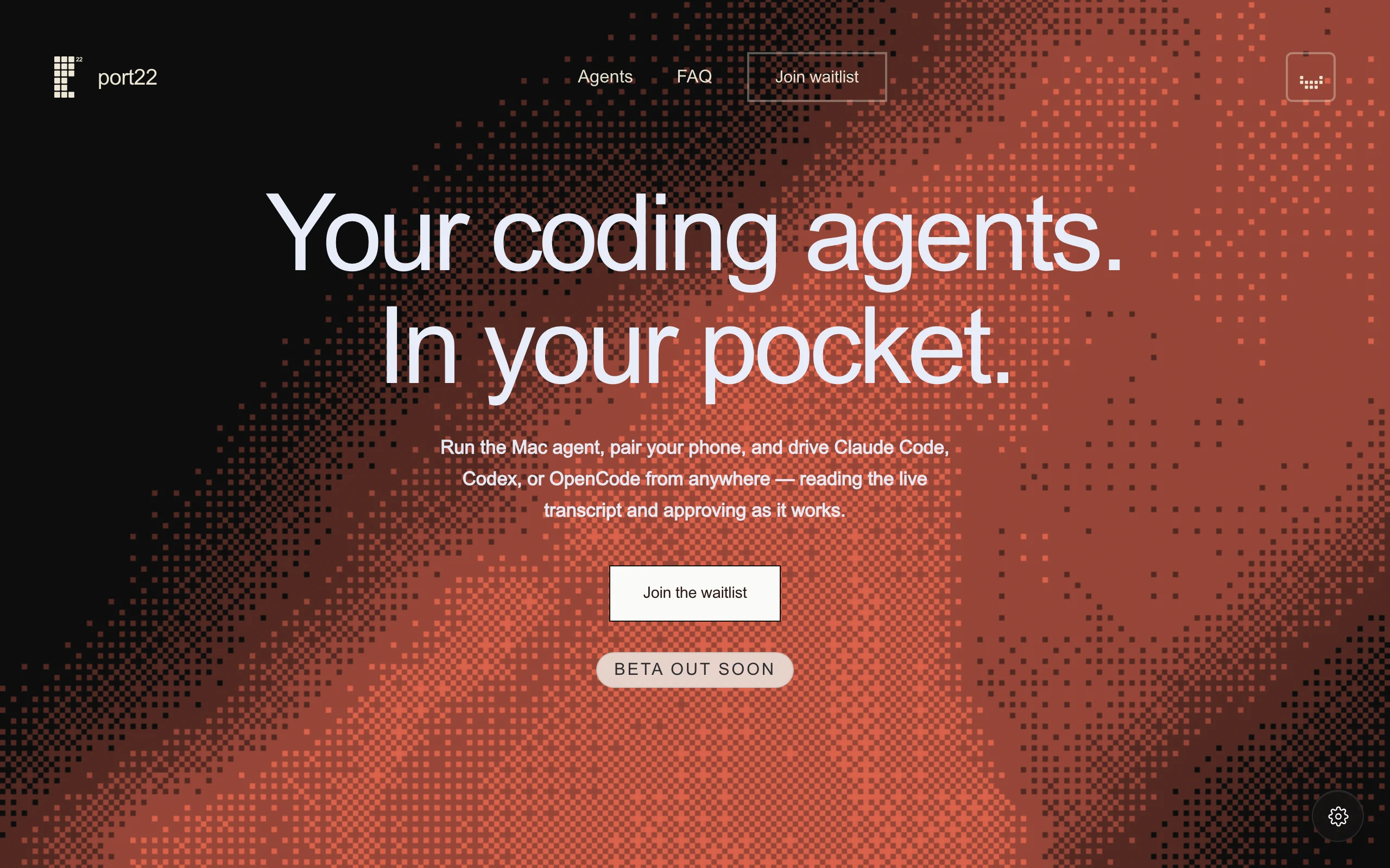 Port22 官方網站首頁，顯示 Your coding agents In your pocket 標語與手機端的 agent 狀態示意