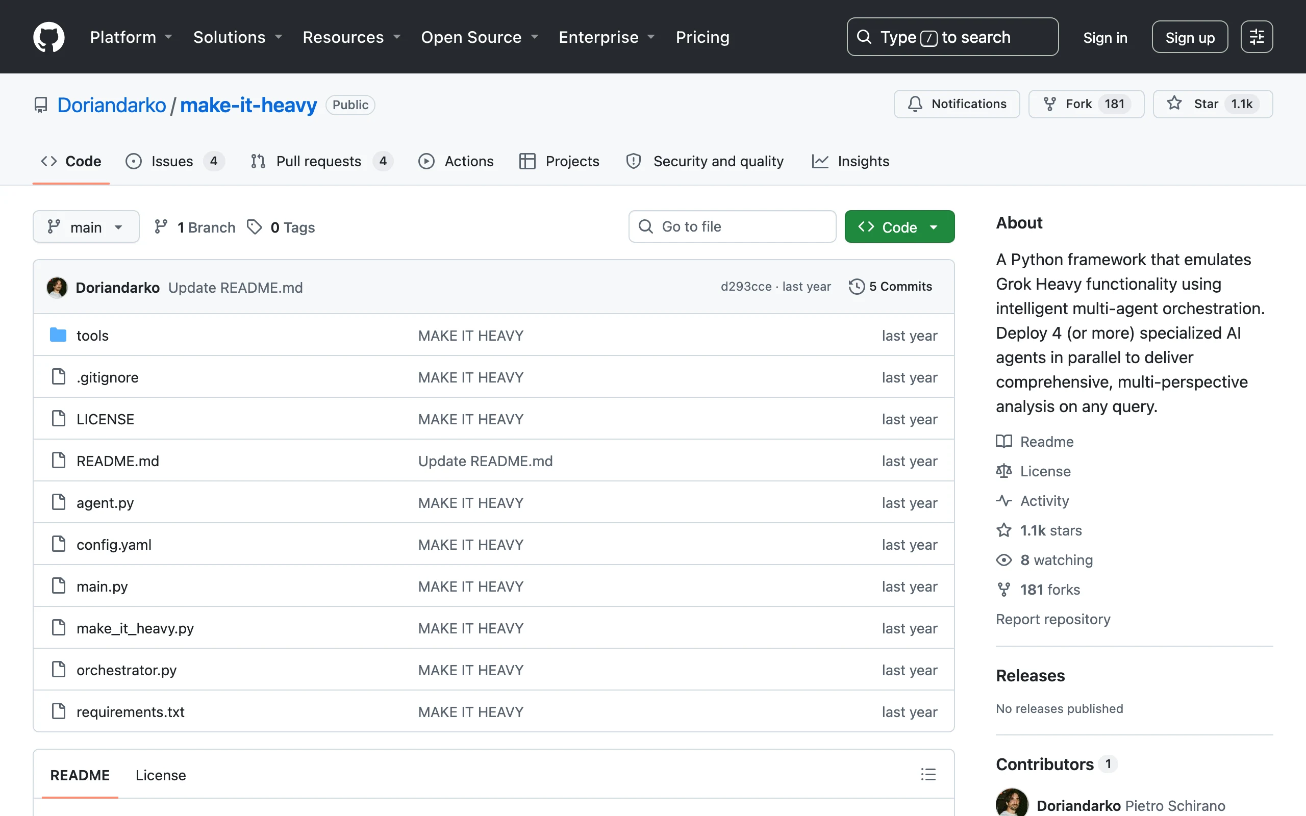 Make It Heavy:把問題交給多個 AI 智能體同時分析再整合答案 2 Make It Heavy 的 GitHub 專案頁面,顯示原始碼檔案結構、星數與授權分類