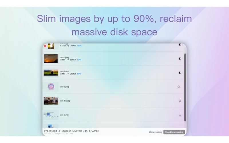ImgZilla:Mac 本地圖片壓縮工具,壓完原地覆寫不動檔名路徑 3 ImgZilla 官方 Mac App Store 預覽圖,展示批次處理時的檔案清單與壓縮狀態