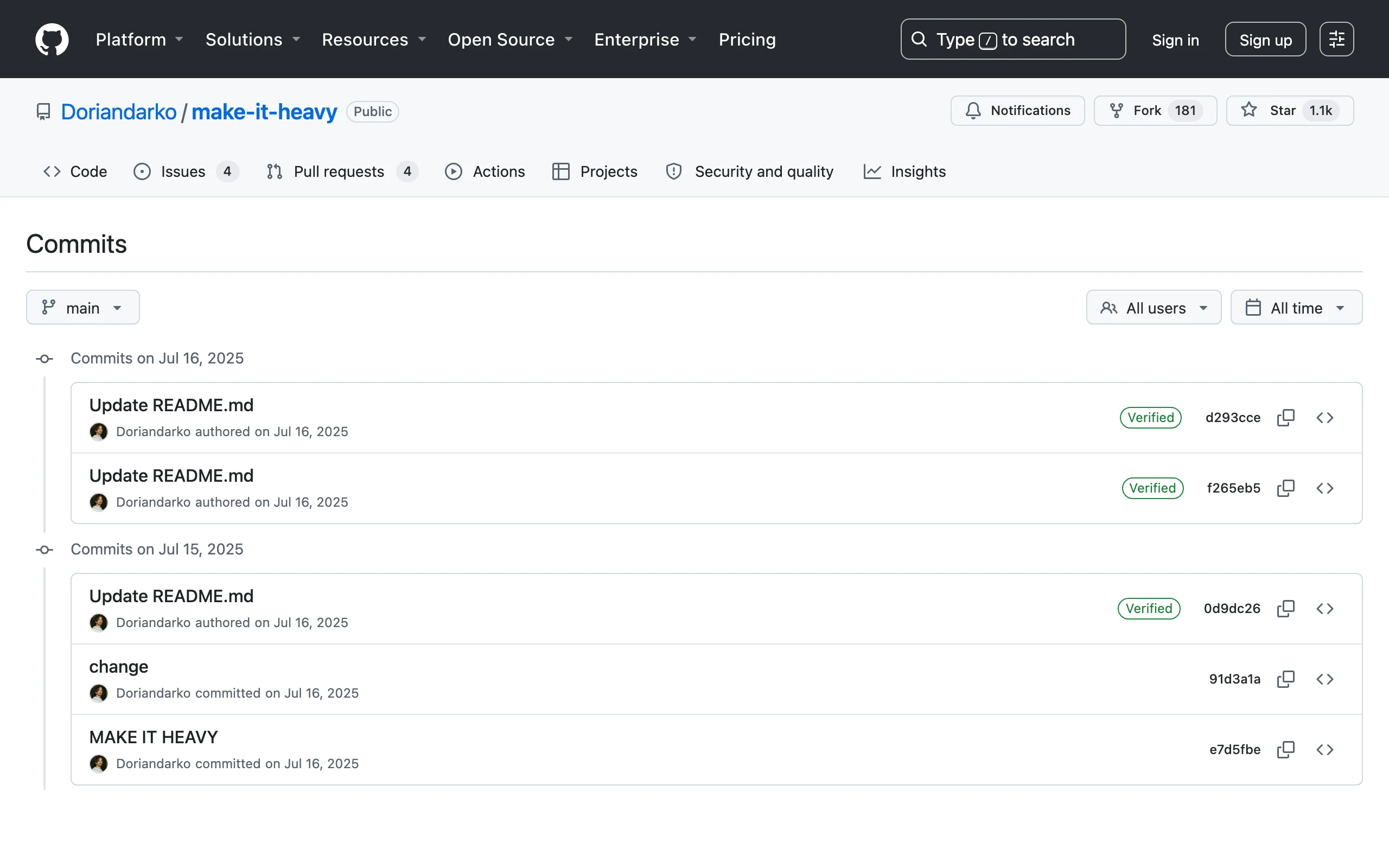 Make It Heavy:把問題交給多個 AI 智能體同時分析再整合答案 3 Make It Heavy 的 GitHub 提交紀錄頁面,五次提交全集中在 2025 年 7 月中旬