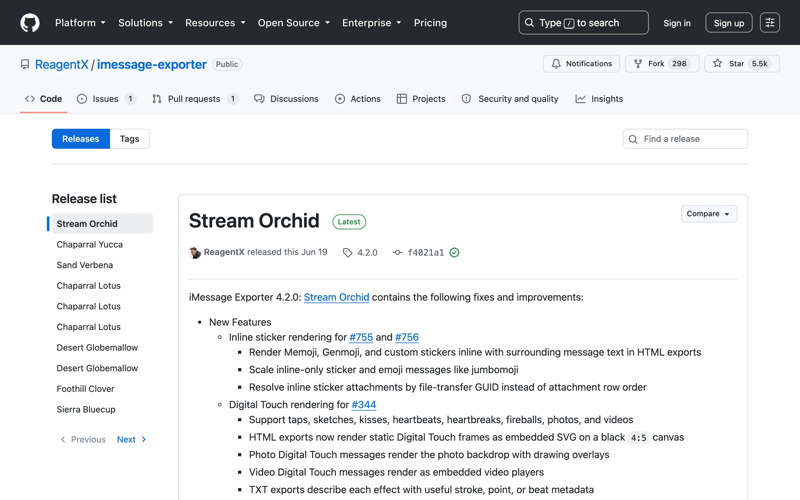 ReagentX/imessage-exporter 的 GitHub Releases 頁面，最新版本 4.2.0 Stream Orchid 條目，標記 Latest，列出 Inline sticker rendering、Digital Touch rendering、Business Chat messages 三項新功能
